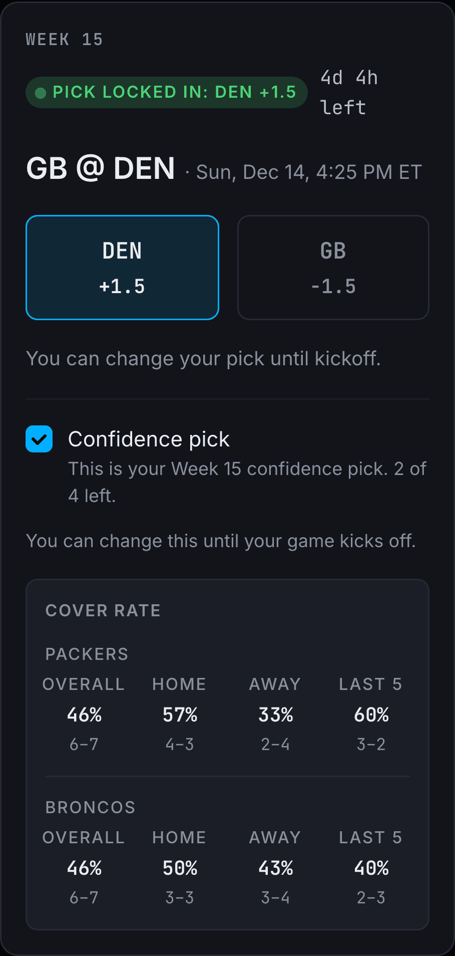 Weekly pick screen with both sides of the spread, one selected.